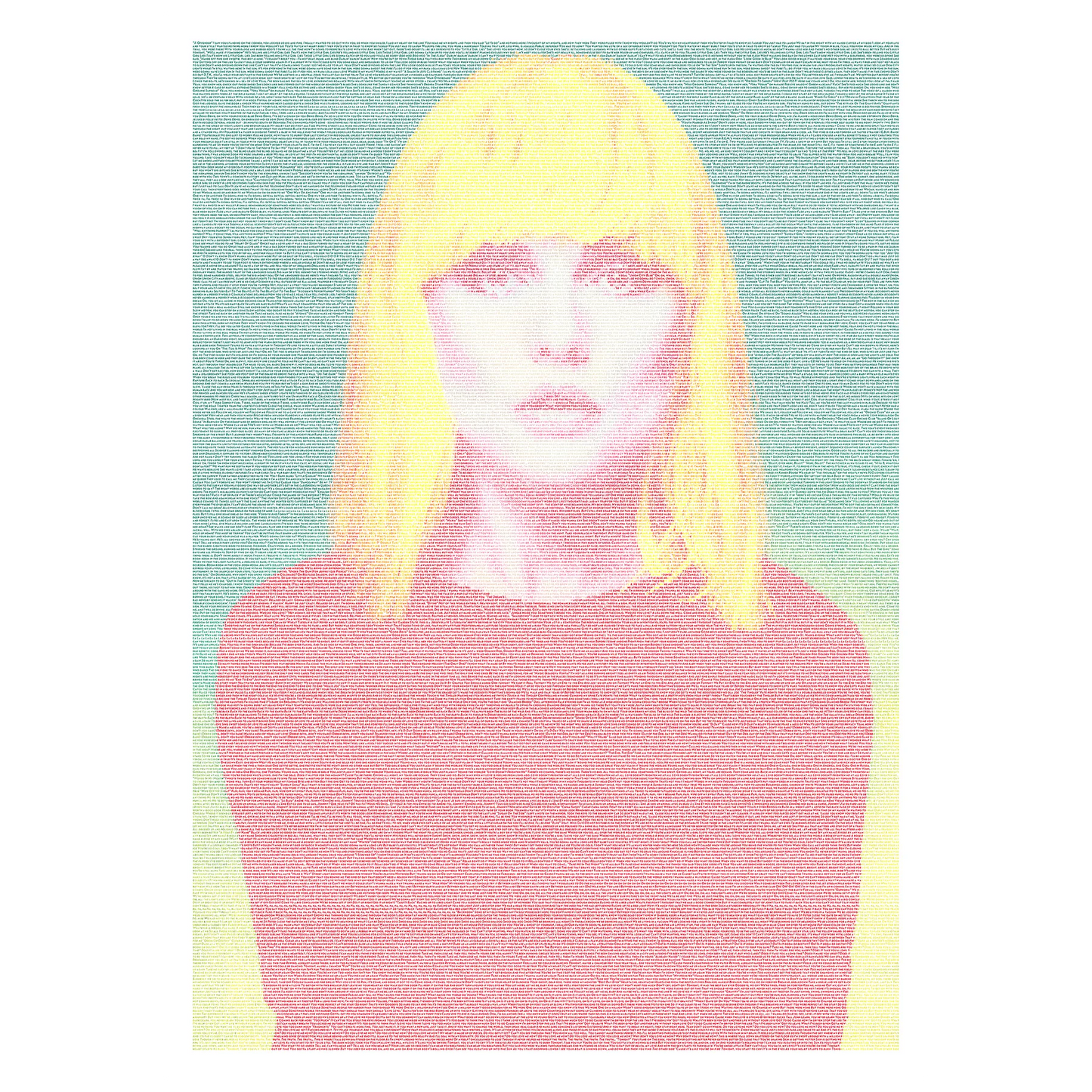 A red, green and yellow typographic portrait of Debbie Harry, created form Blondie lyrics.