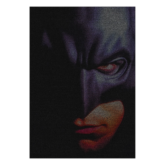 A typographic portrait of Christian Bale as Batman