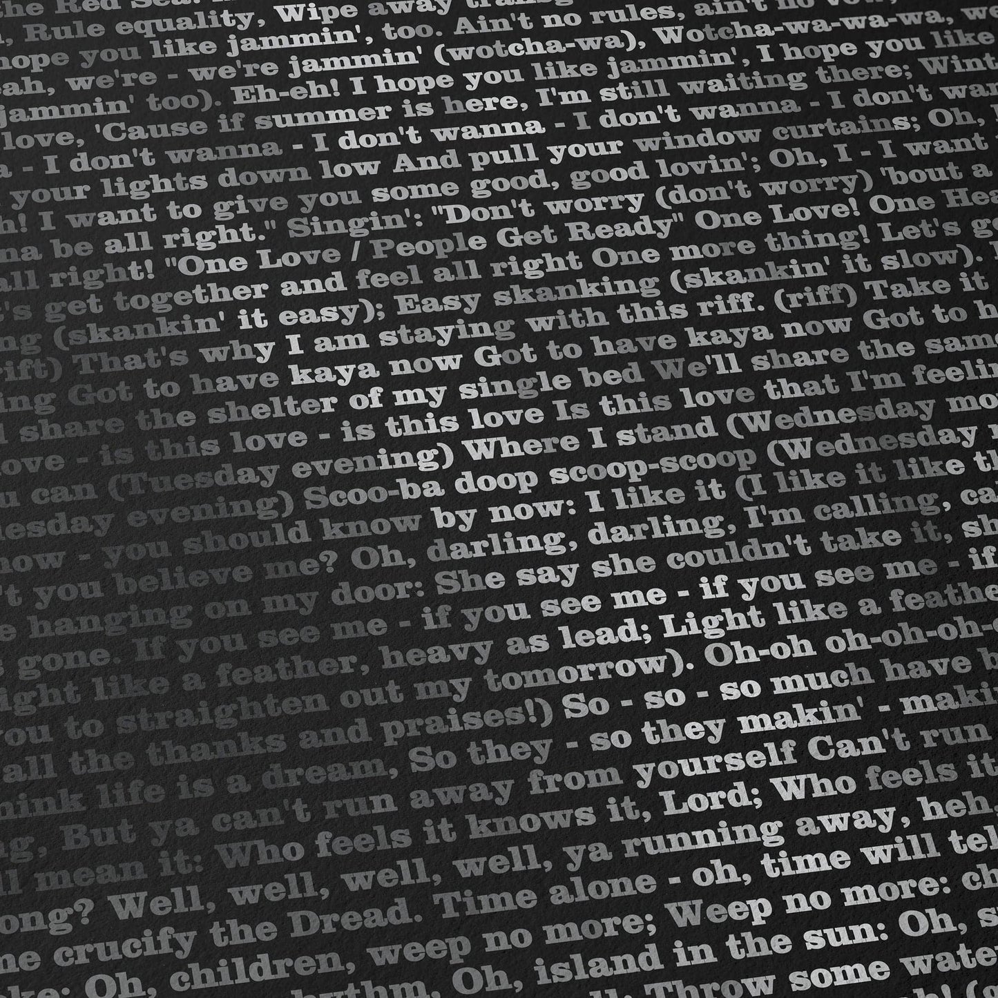Close up detail of a black and white typographic portrait of Bob Marley, created from his song lyrics.