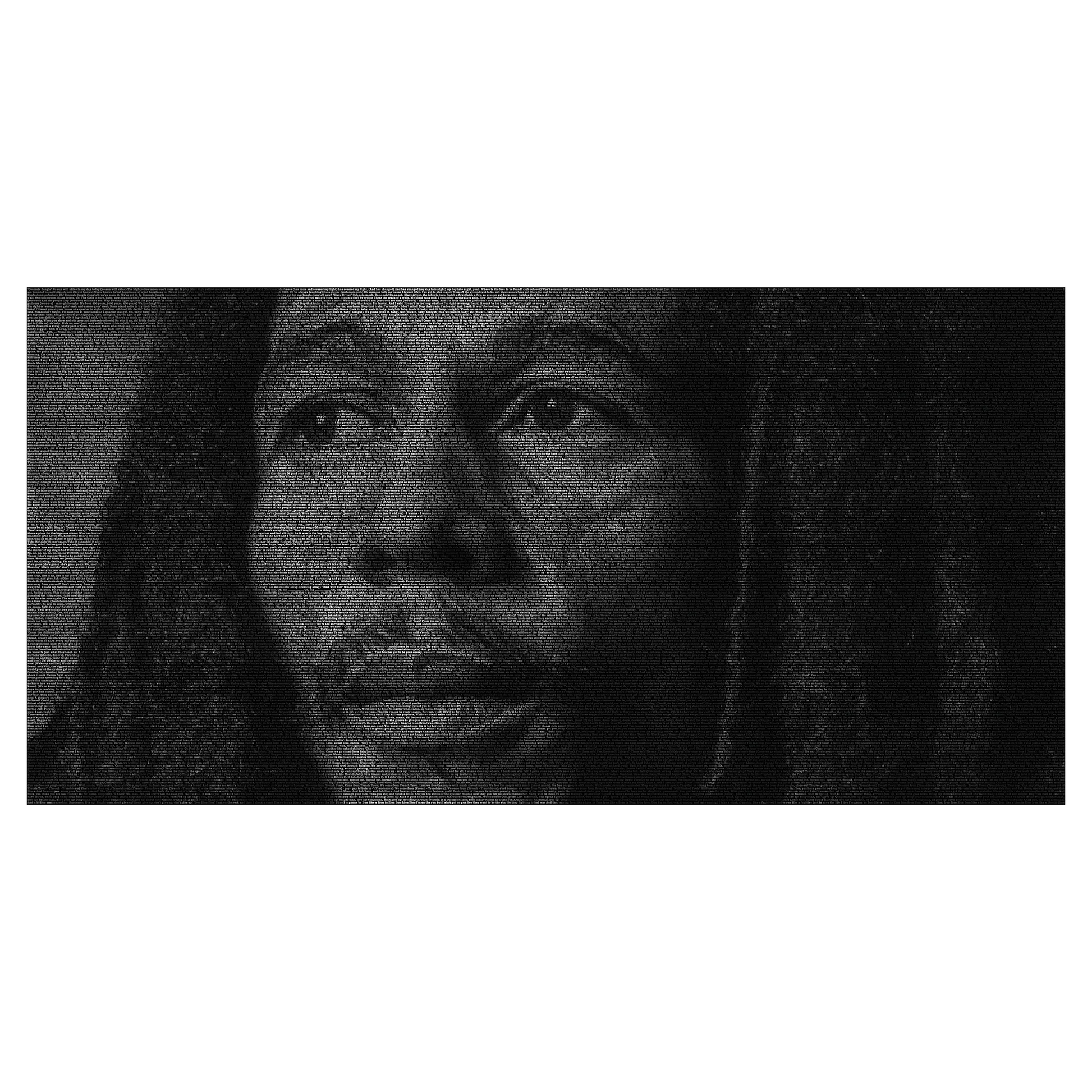 A black and white typographic portrait of Bob Marley, created from his song lyrics.