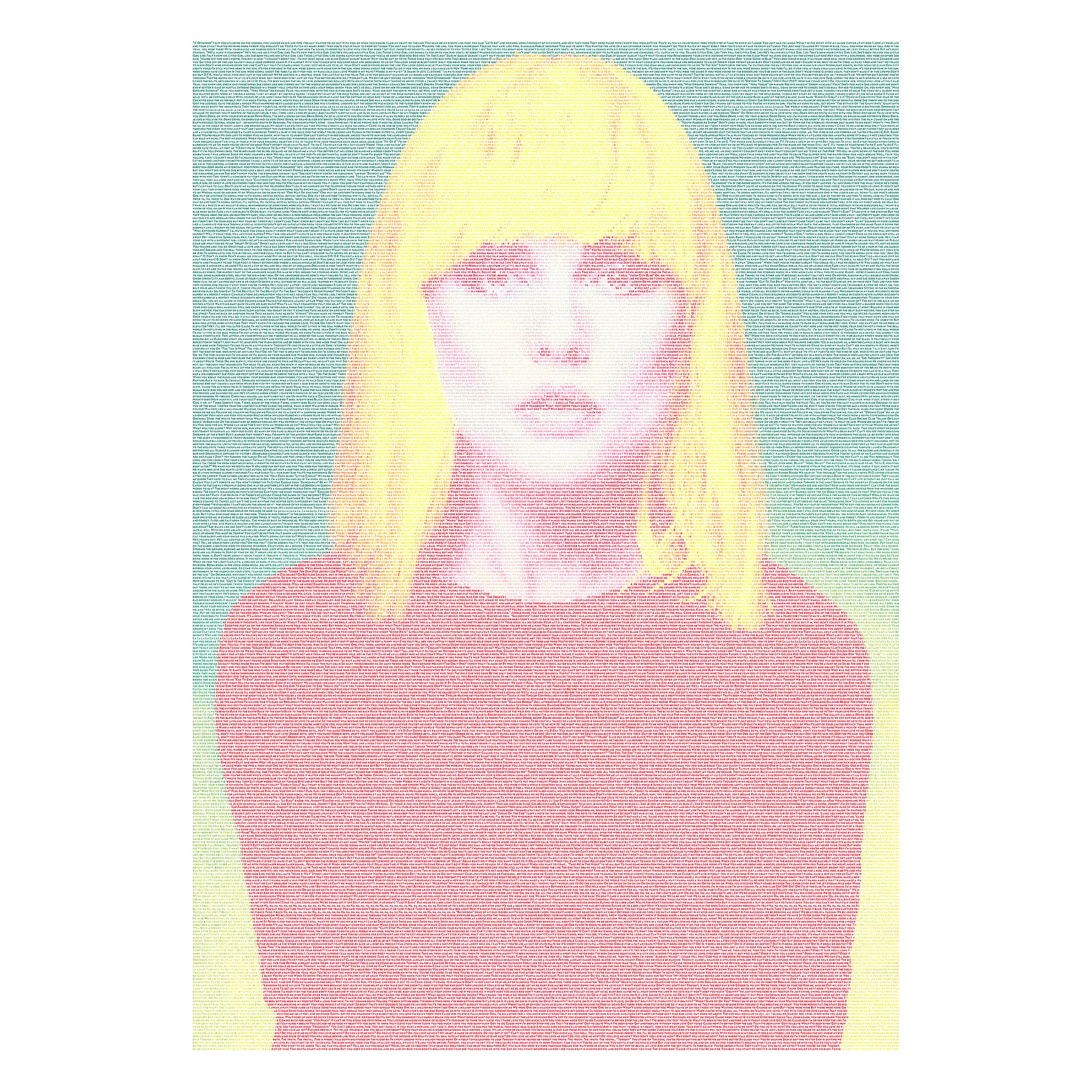 A red, green and yellow typographic portrait of Debbie Harry, created form Blondie lyrics.