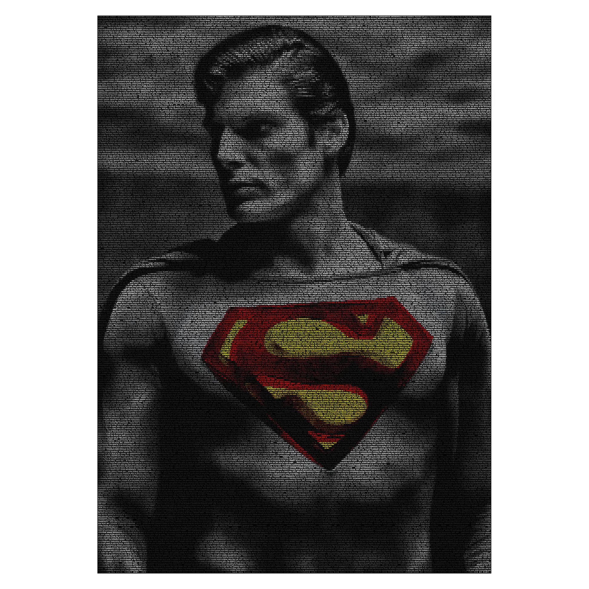 A black and white portrait of Christopher Reeve as Superman, with a red and yellow chest symbol.