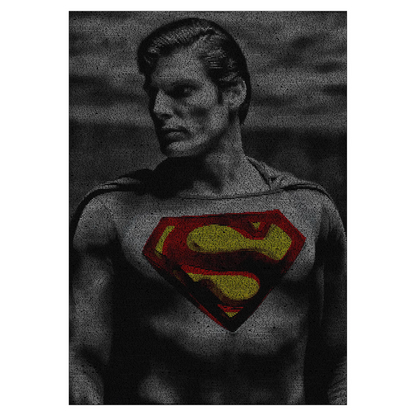 A black and white portrait of Christopher Reeve as Superman, with a red and yellow chest symbol.
