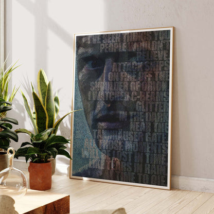 A portrait of Blade Runner's Roy Batty, featuring the Tears in Rain Monologue. Framed in a sunlit room.