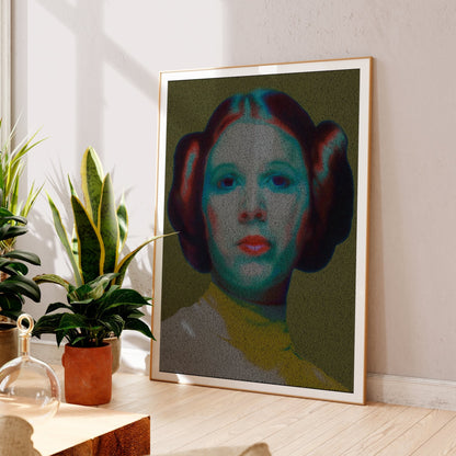 A portrait of Carrie Fisher as Princess Leia, created from the Star Wars script Framed in a sunlit room.