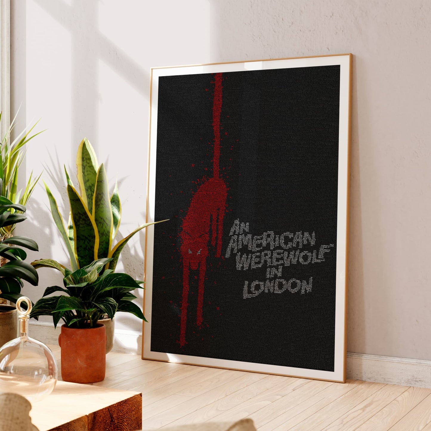 An American Werewolf In London movie poster, created from the script. Framed in a sunlit room
