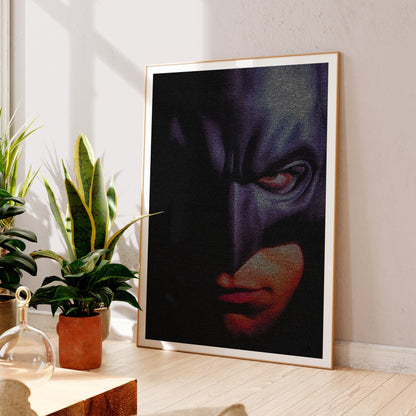 A framed typographic portrait of Christian Bale as Batman in Batman Begins.