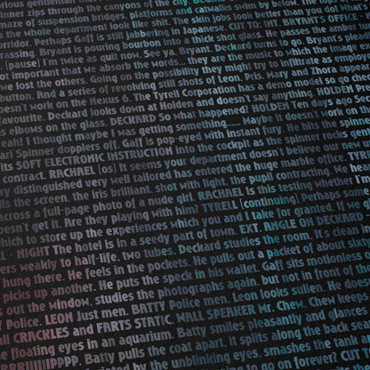Close up detail of a portrait of Roy Batty, typographically created from the Blade Runner screenplay